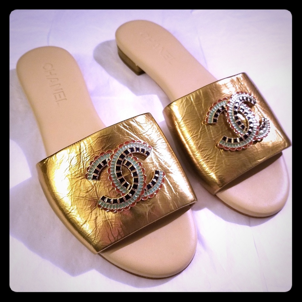 Chanel Multicolor-Metal Logo Mules Slides - NWOB